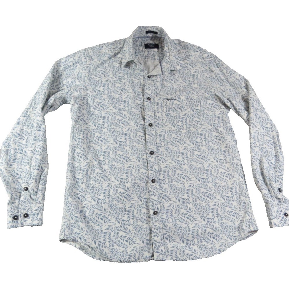 Pepe Jeans Shirt Men Large White Blue Botanical Print Slim Fit Casual Button Up
